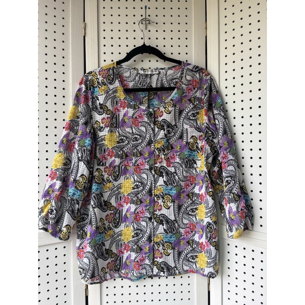 Rebecca Malone Women's LG Button Down Blouse Colorful Paisley Floral 3/4 SLV